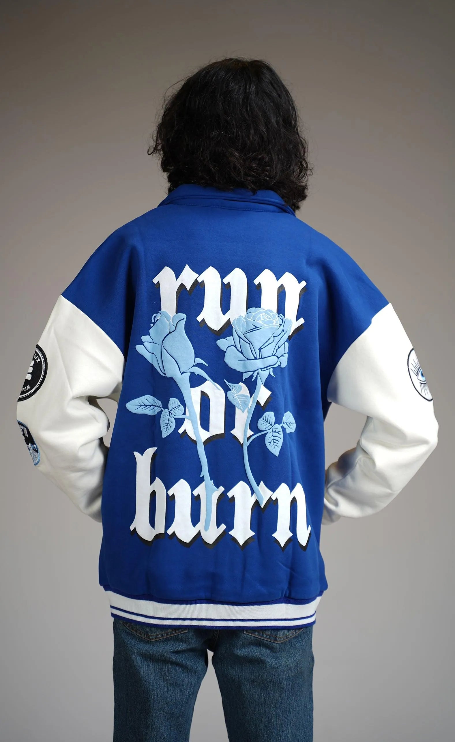 Run or Burn Blue Varsity Jacket