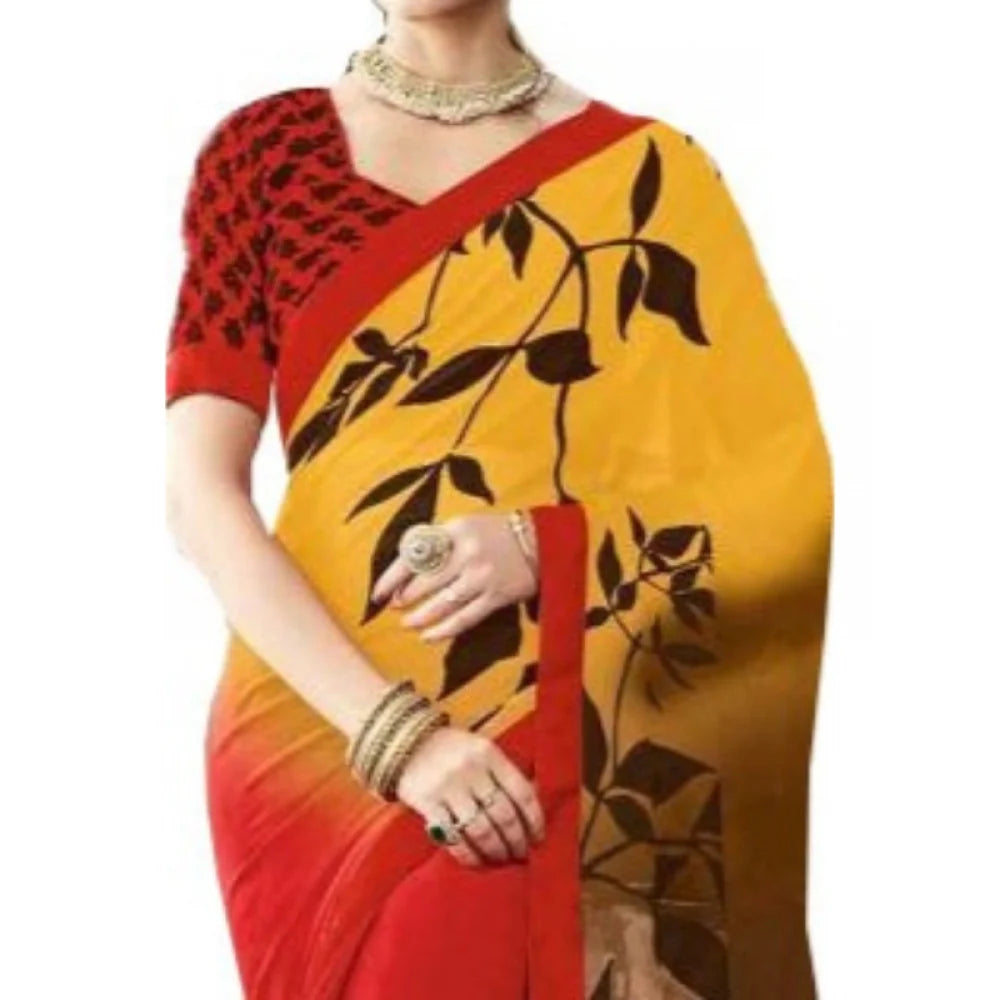 Womens Georgette Digital Printed Saree (Red, Yellow, 6.25 Mtr)