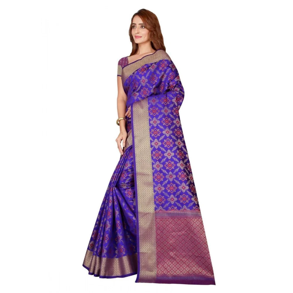 Women's Kanjivaram Silk Saree with Blouse (Blue, 5-6 Mtrs)