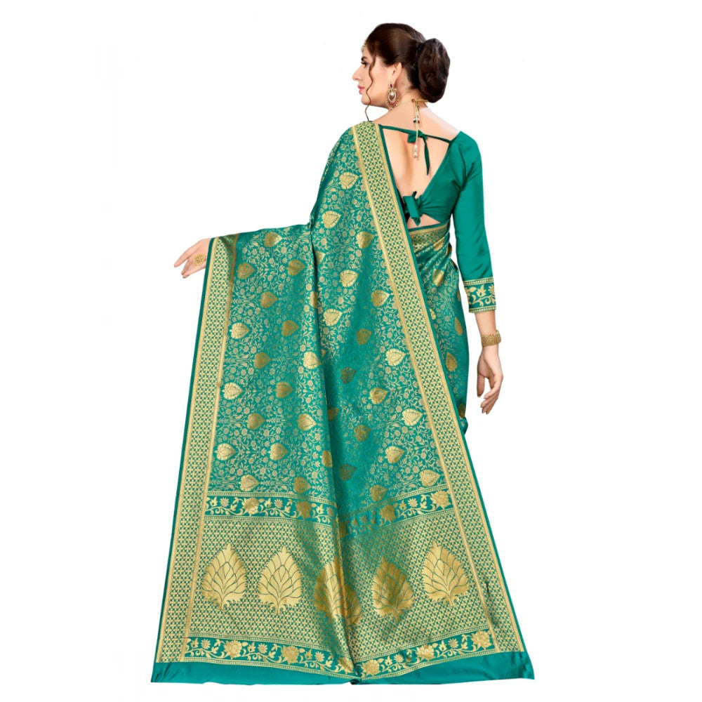Women's Banarasi silk Saree with Blouse (Green, 5-6mtr)