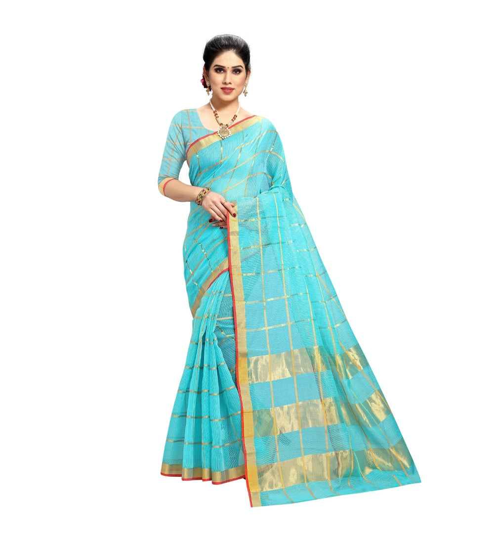 Womens Kota Doria Cotton Saree With Blouse Sky Blue63 Mtrs