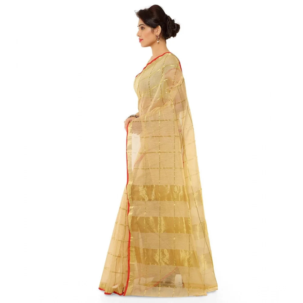 Women's Kota Doria Cotton Saree With Blouse (Chikoo,6-3 Mtrs)