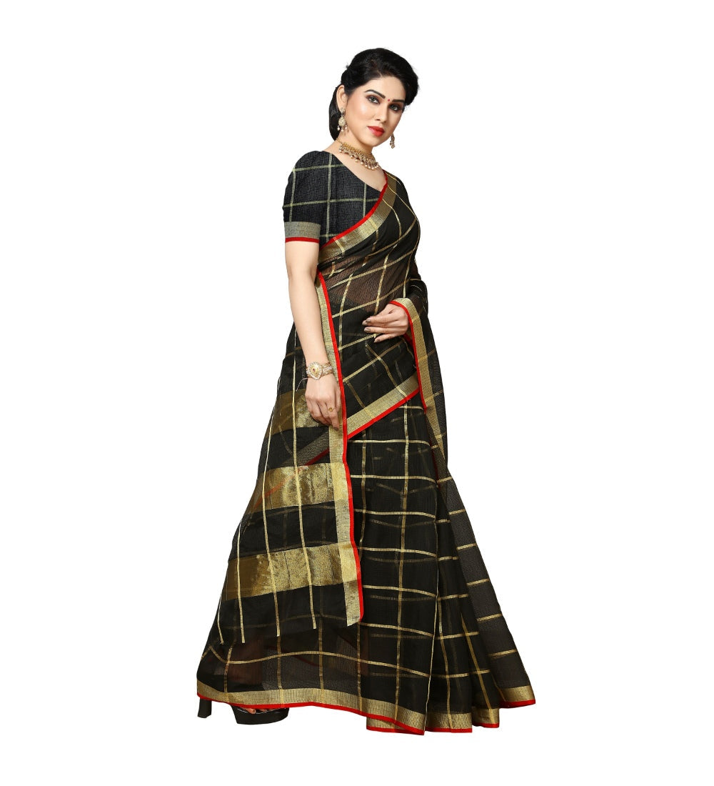Womens Kota Doria Cotton Saree With Blouse Black63 Mtrs