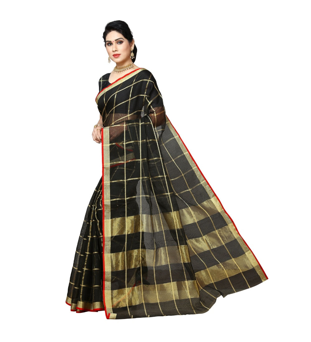 Womens Kota Doria Cotton Saree With Blouse Black63 Mtrs