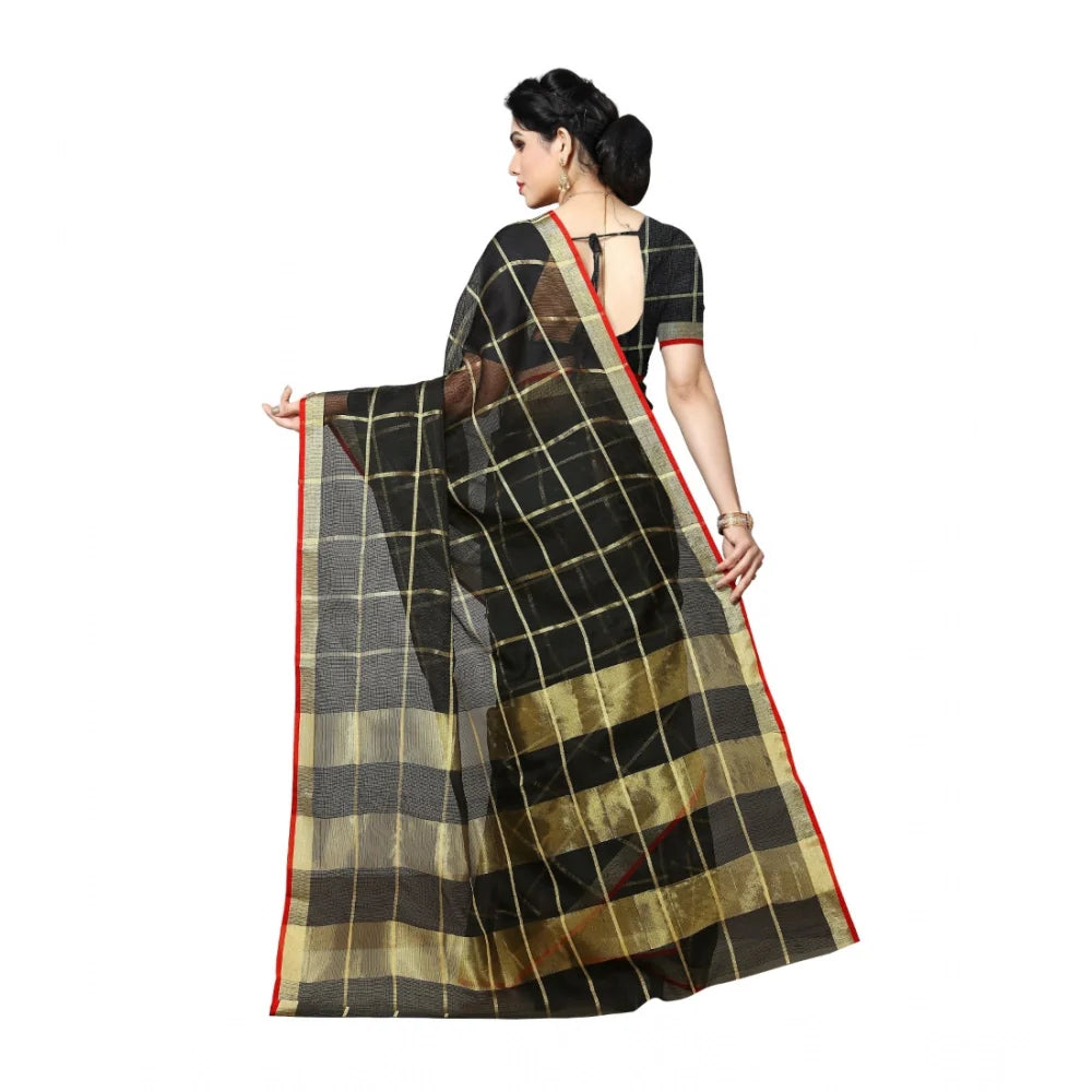 Women's Kota Doria Cotton Saree With Blouse (Black,6-3 Mtrs)