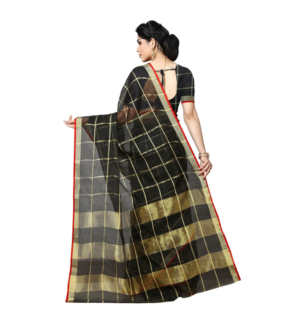 Womens Kota Doria Cotton Saree With Blouse Black63 Mtrs