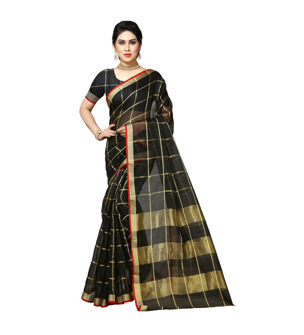 Womens Kota Doria Cotton Saree With Blouse Black63 Mtrs