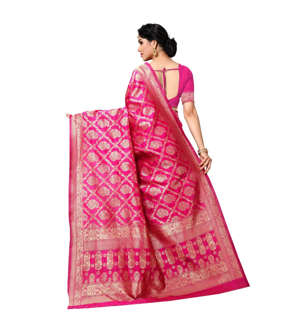 Womens Jacquard Silk Saree With Blouse Pink63 Mtrs