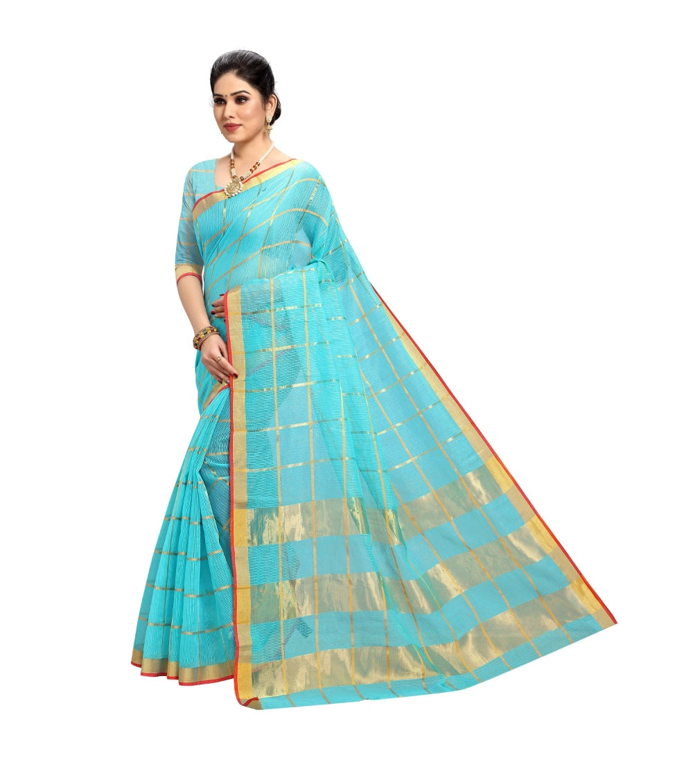 Womens Kota Doria Cotton Saree With Blouse Sky Blue63 Mtrs
