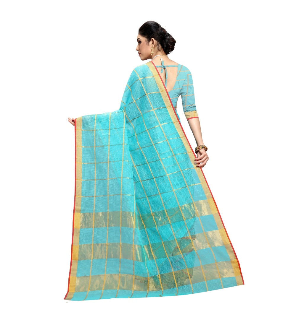 Womens Kota Doria Cotton Saree With Blouse Sky Blue63 Mtrs