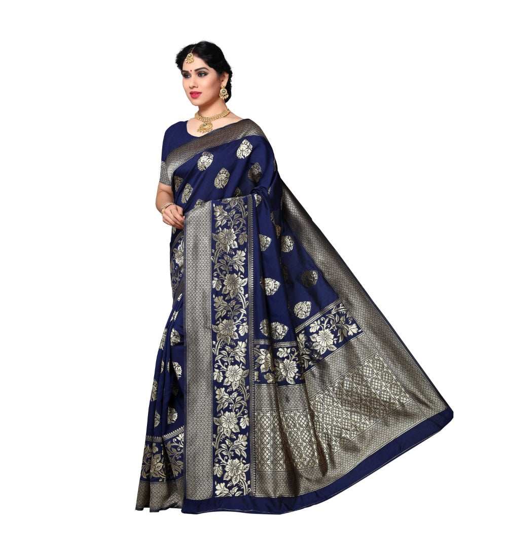 Womens Jacquard Silk Saree With Blouse Nevy Blue63 Mtrs