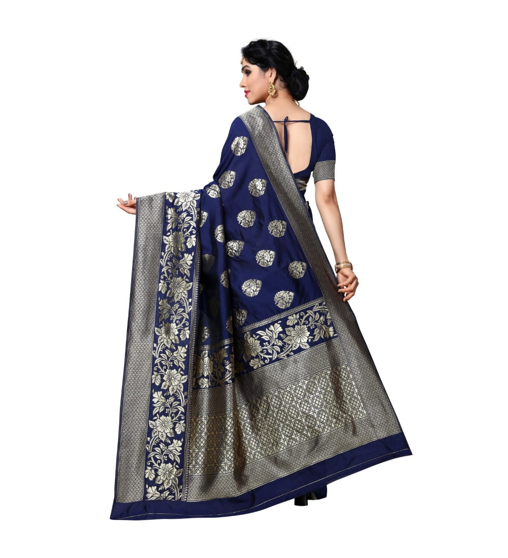 Womens Jacquard Silk Saree With Blouse Nevy Blue63 Mtrs