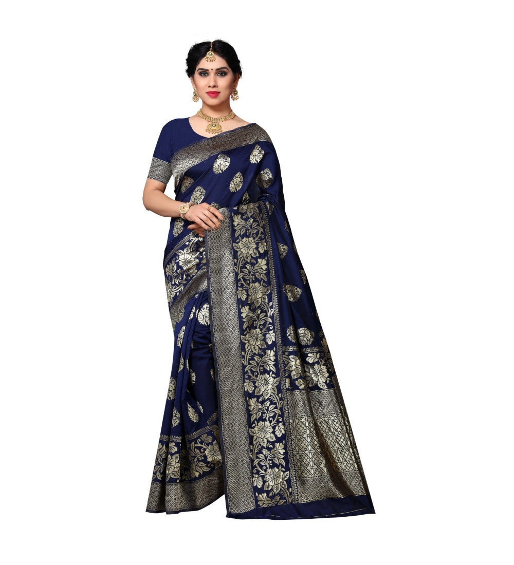 Womens Jacquard Silk Saree With Blouse Nevy Blue63 Mtrs