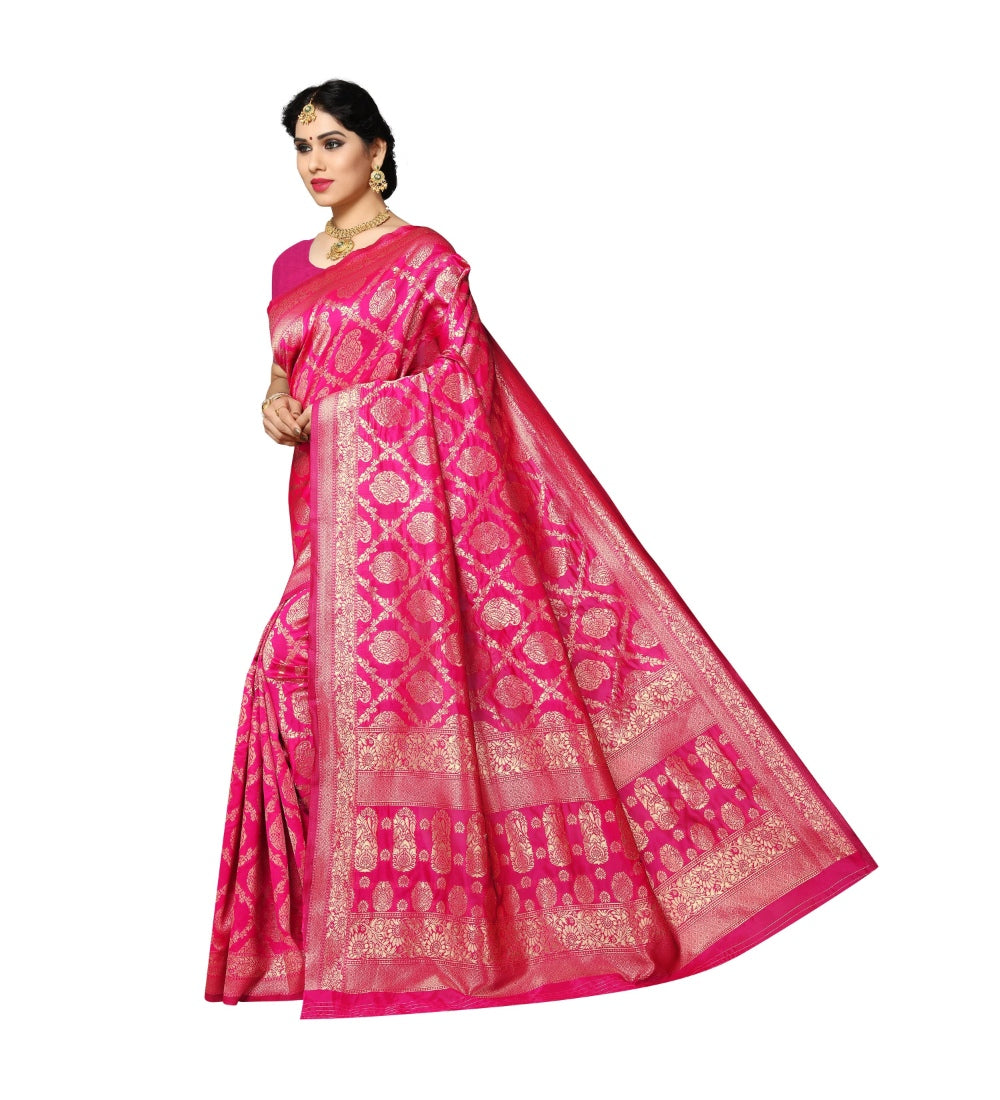 Womens Jacquard Silk Saree With Blouse Pink63 Mtrs