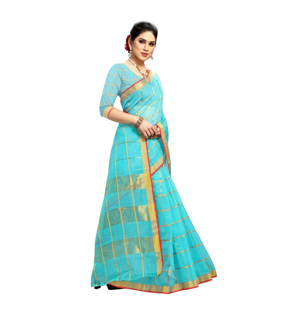 Womens Kota Doria Cotton Saree With Blouse Sky Blue63 Mtrs