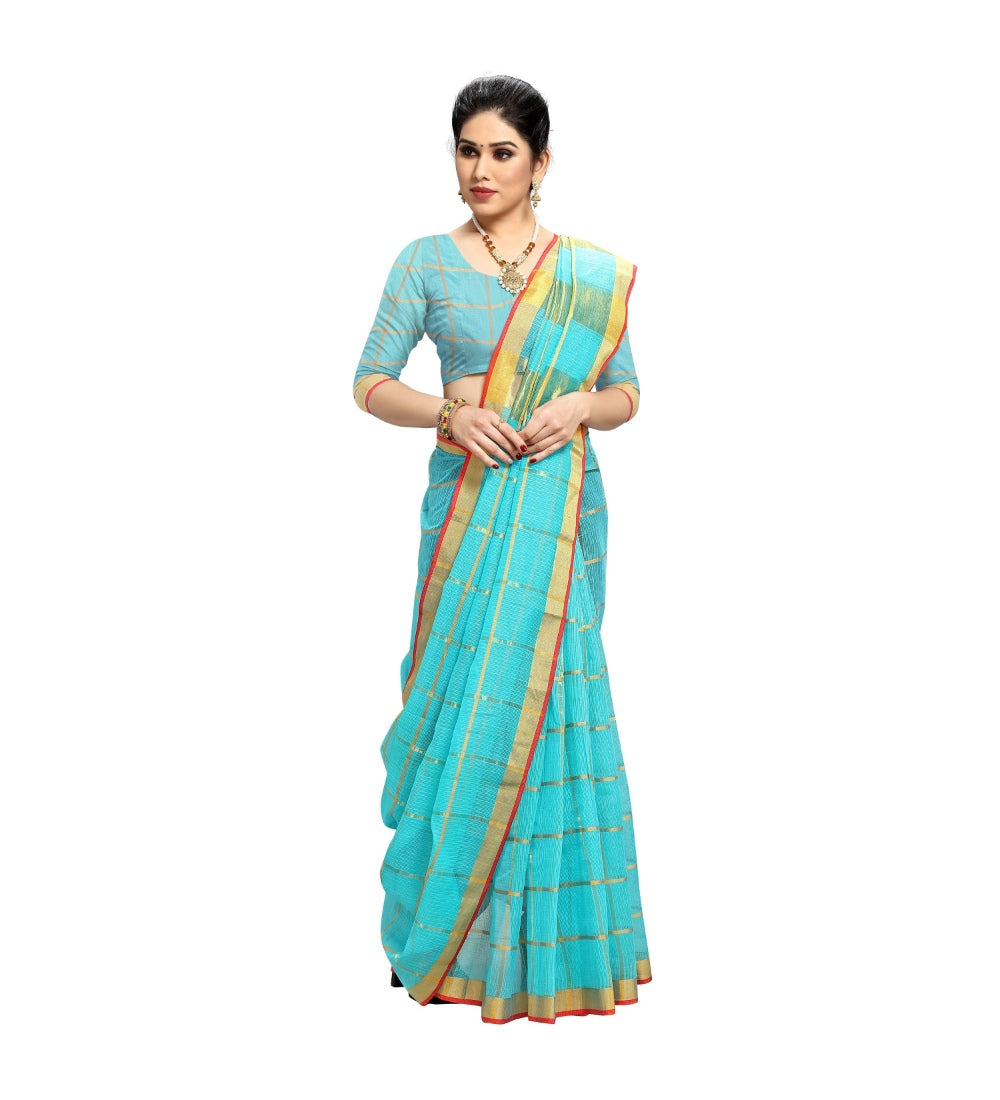 Womens Kota Doria Cotton Saree With Blouse Sky Blue63 Mtrs