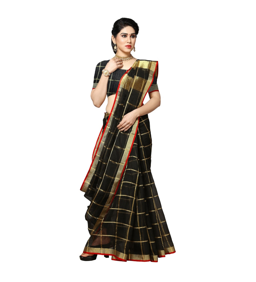 Womens Kota Doria Cotton Saree With Blouse Black63 Mtrs