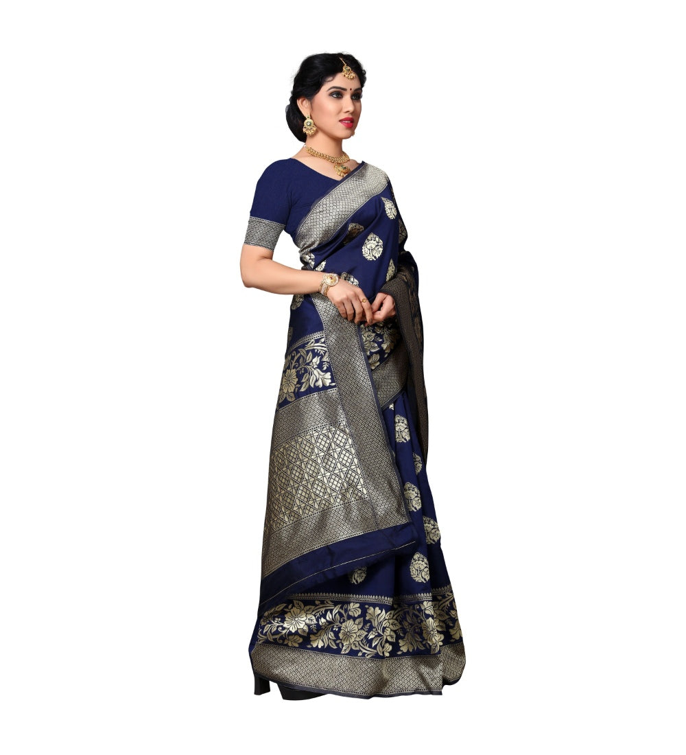Womens Jacquard Silk Saree With Blouse Nevy Blue63 Mtrs