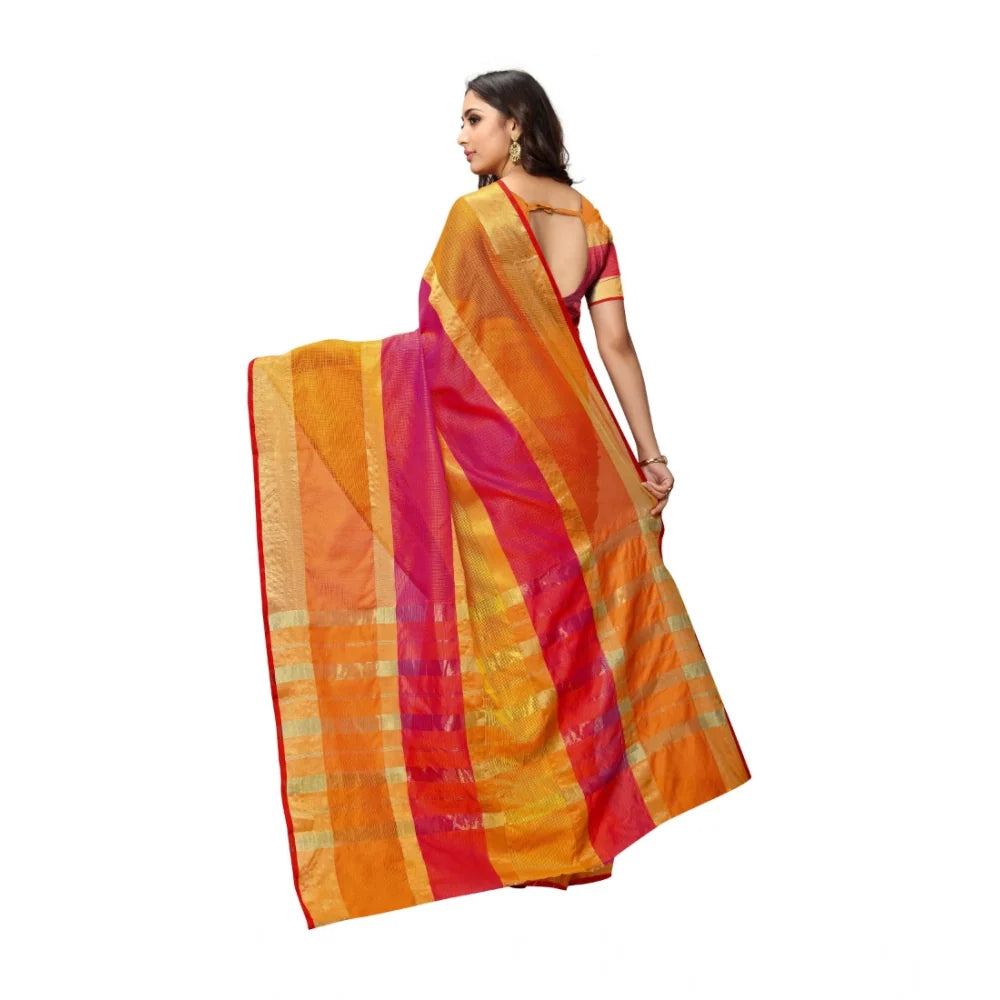 Women's Kota Doria Cotton Saree With Blouse (Orange,6-3 Mtrs)