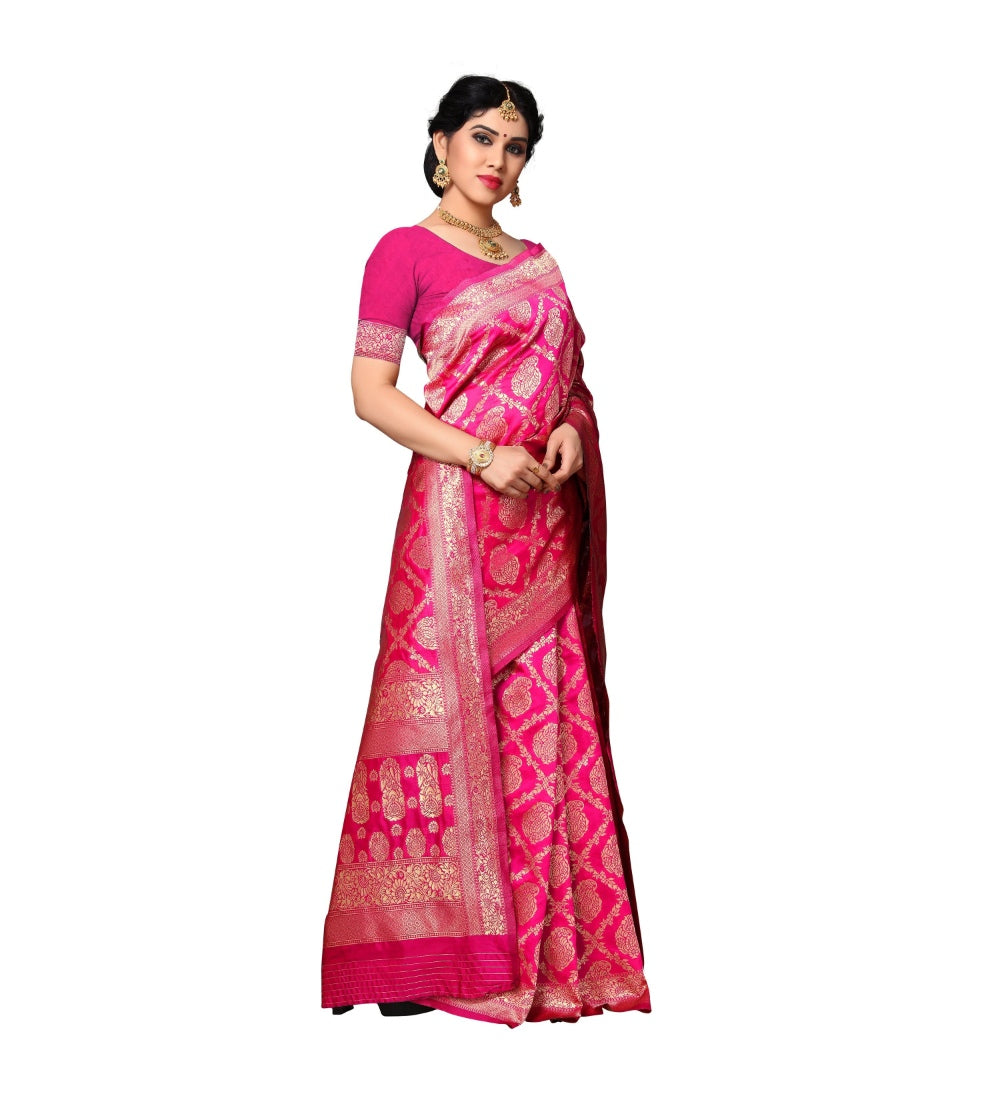 Womens Jacquard Silk Saree With Blouse Pink63 Mtrs