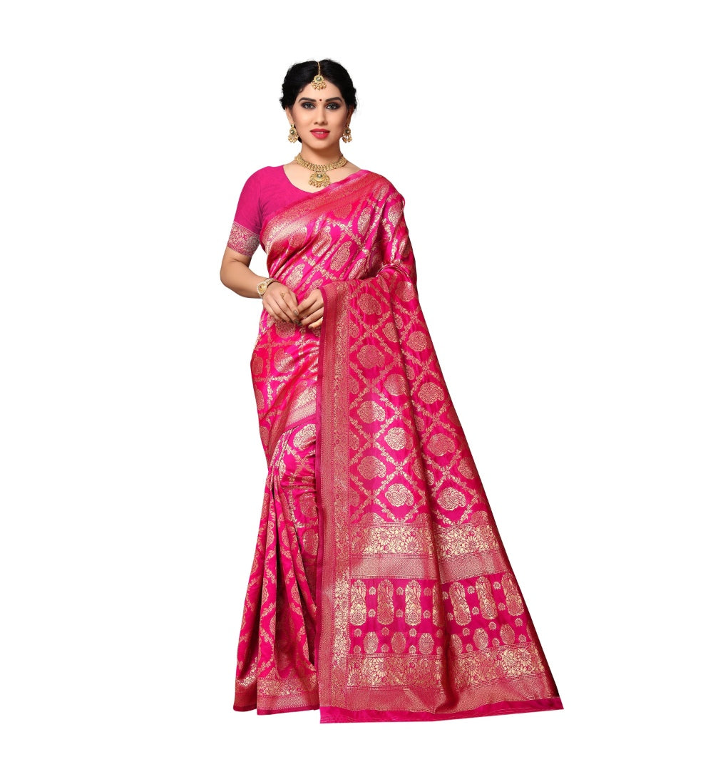 Womens Jacquard Silk Saree With Blouse Pink63 Mtrs
