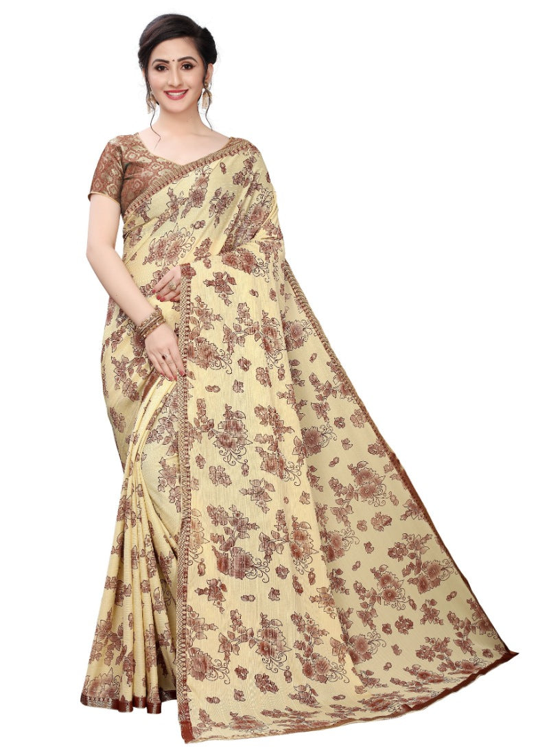Womens Lycra Blend Saree Beige 56Mtrs