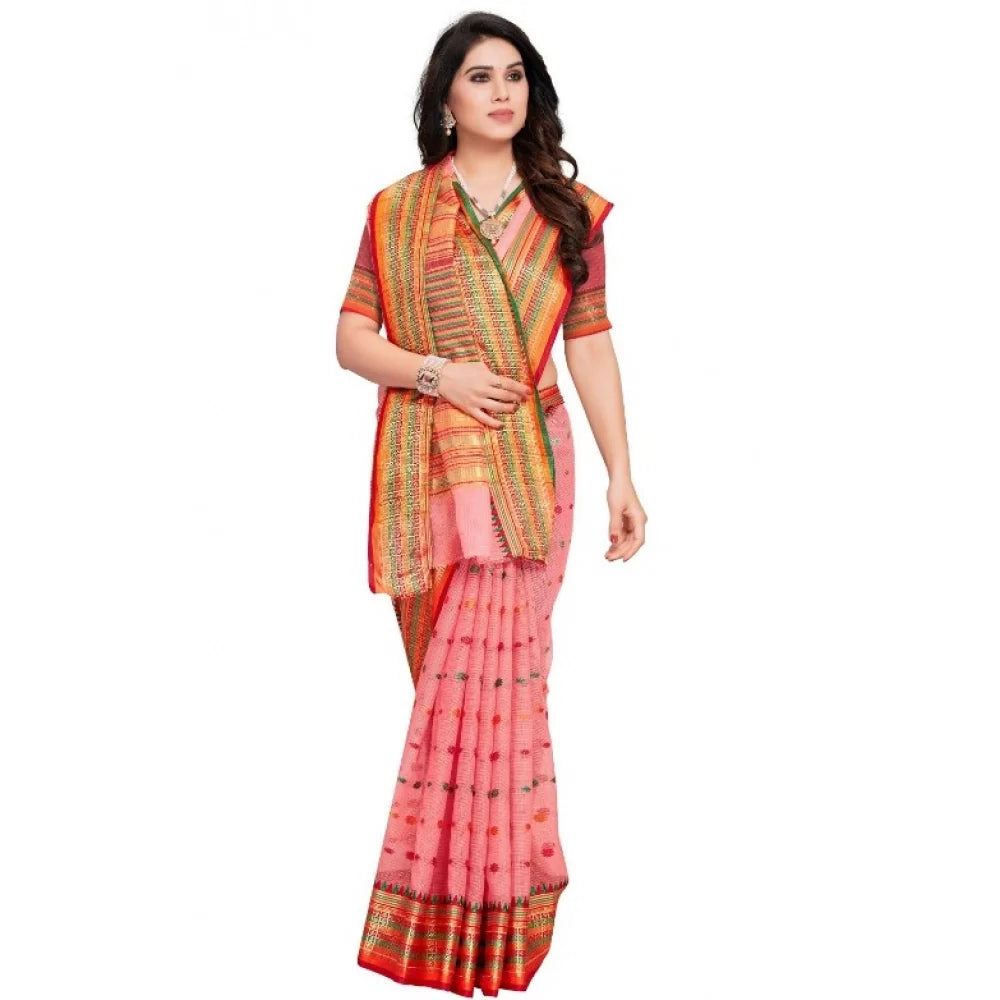 Women's Kota Doria Cotton Woven Butta Saree With Blouse (Pink, 5-6 Mtrs)