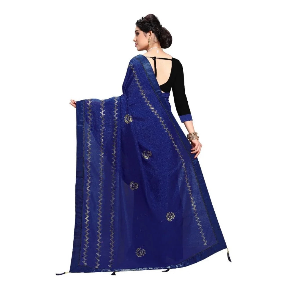 Women's Vichitra Silk HotFix Stone Work Saree With Blouse (Blue, 5-6 Mtrs)