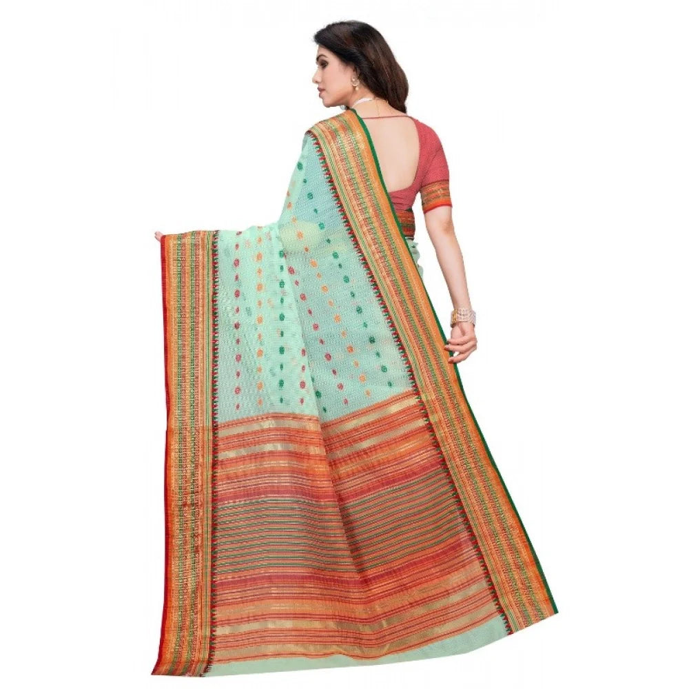 Women's Kota Doria Cotton Woven Butta Saree With Blouse (Pista, 5-6 Mtrs)