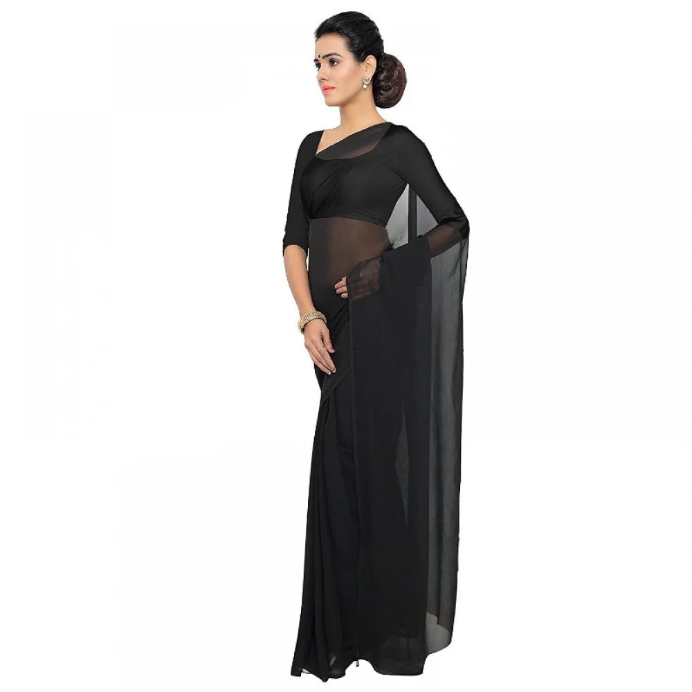 Women's Georgette Plain Saree With Blouse (Black, 5-6 Mtrs)
