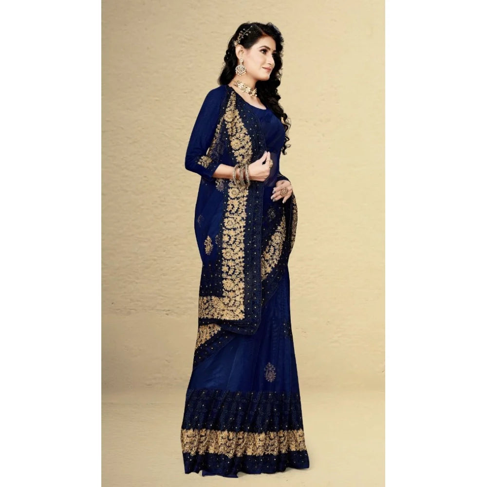 Women's Net Saree With Blouse (Navy Blue, 5-6Mtrs)