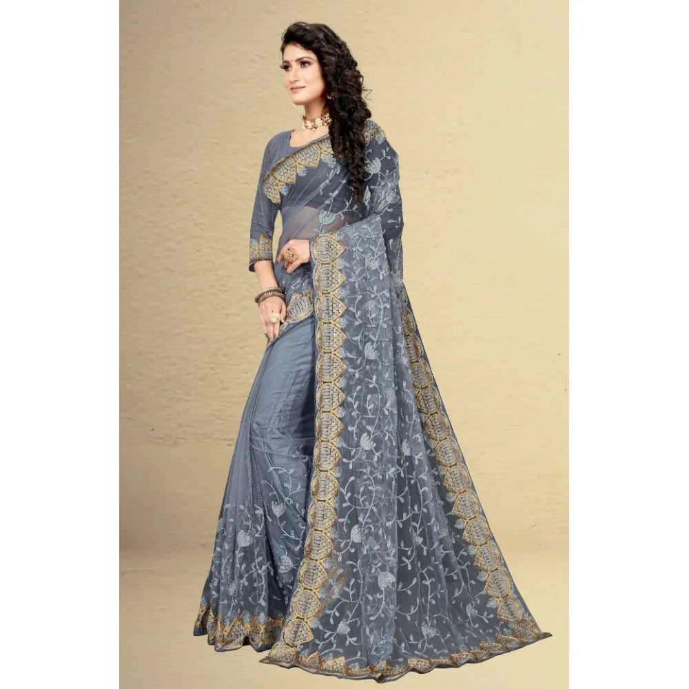 Women's Net Saree With Blouse (Grey, 5-6Mtrs)