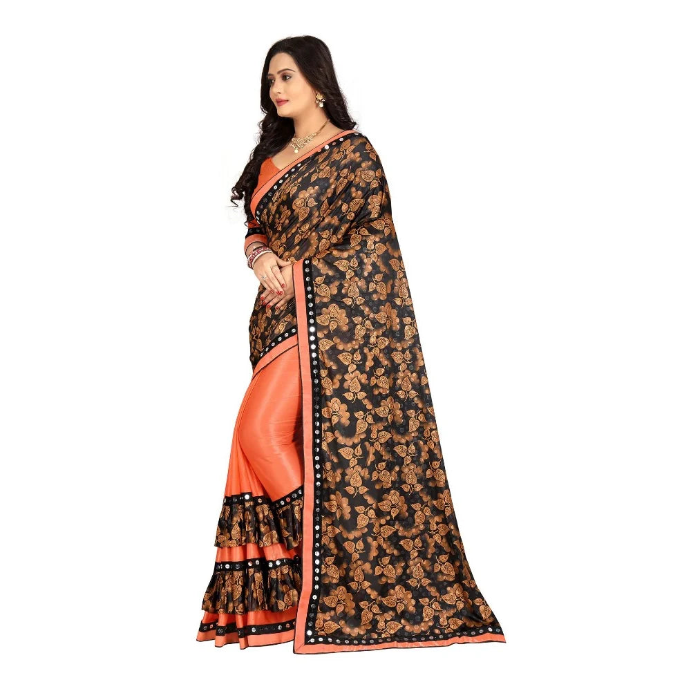 Women's Lycra Blend Saree with Blouse (Orange, 5-6 Mtrs)