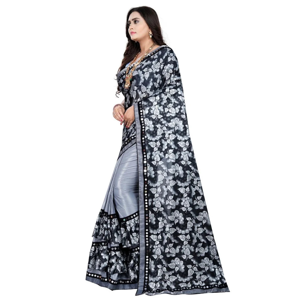 Women's Lycra Blend Saree with Blouse (Grey, 5-6 Mtrs)