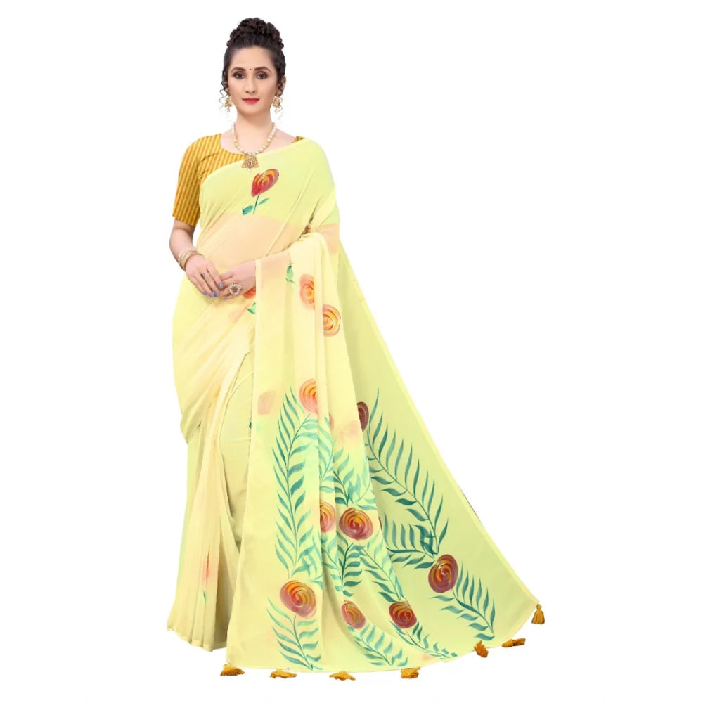 Women's Georgette Floral Hand Printed Sarees (Yellow, 5-6 Mtrs)
