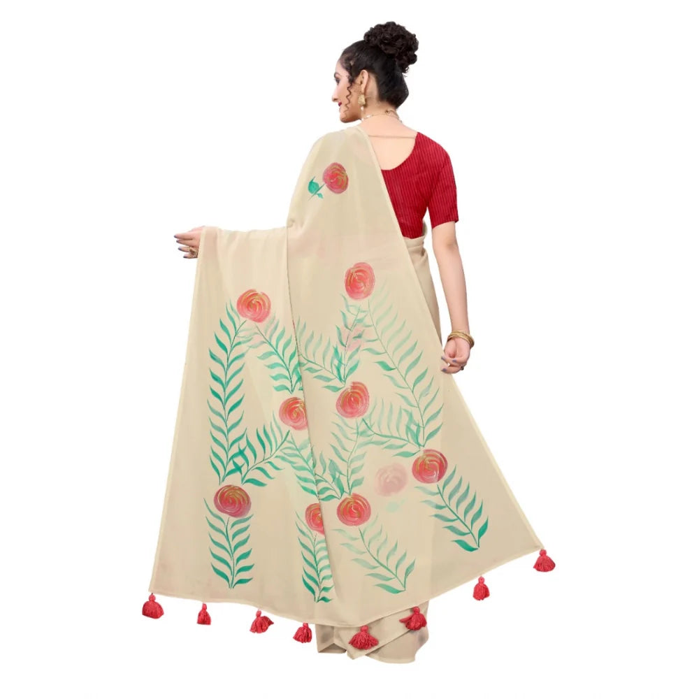 Women's Georgette Floral Hand Printed Sarees (Beige, 5-6 Mtrs)
