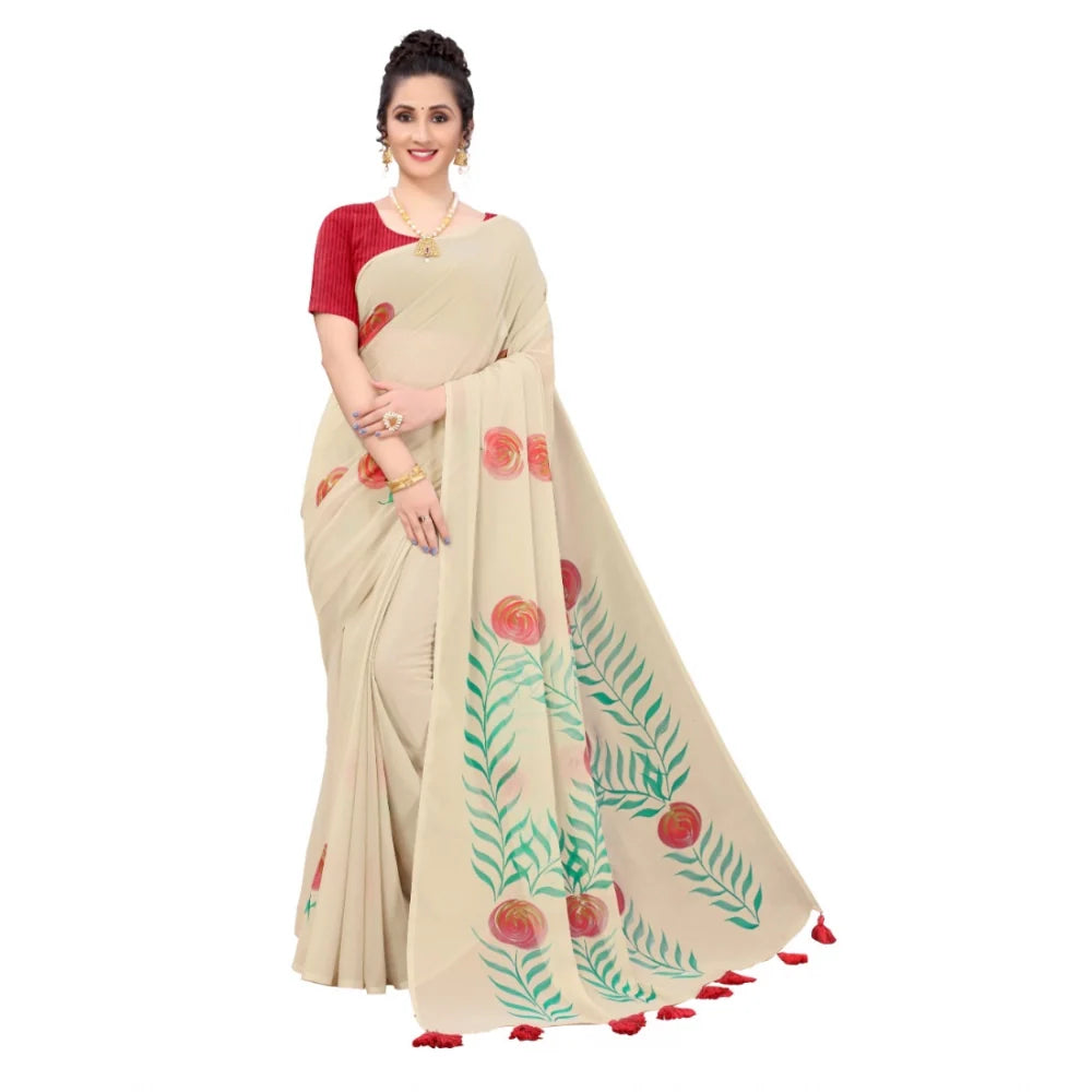 Women's Georgette Floral Hand Printed Sarees (Beige, 5-6 Mtrs)
