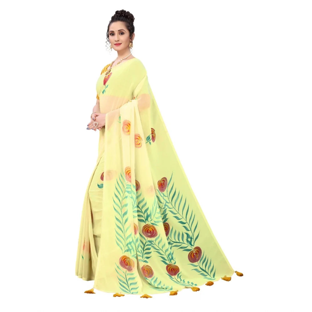 Women's Georgette Floral Hand Printed Sarees (Yellow, 5-6 Mtrs)