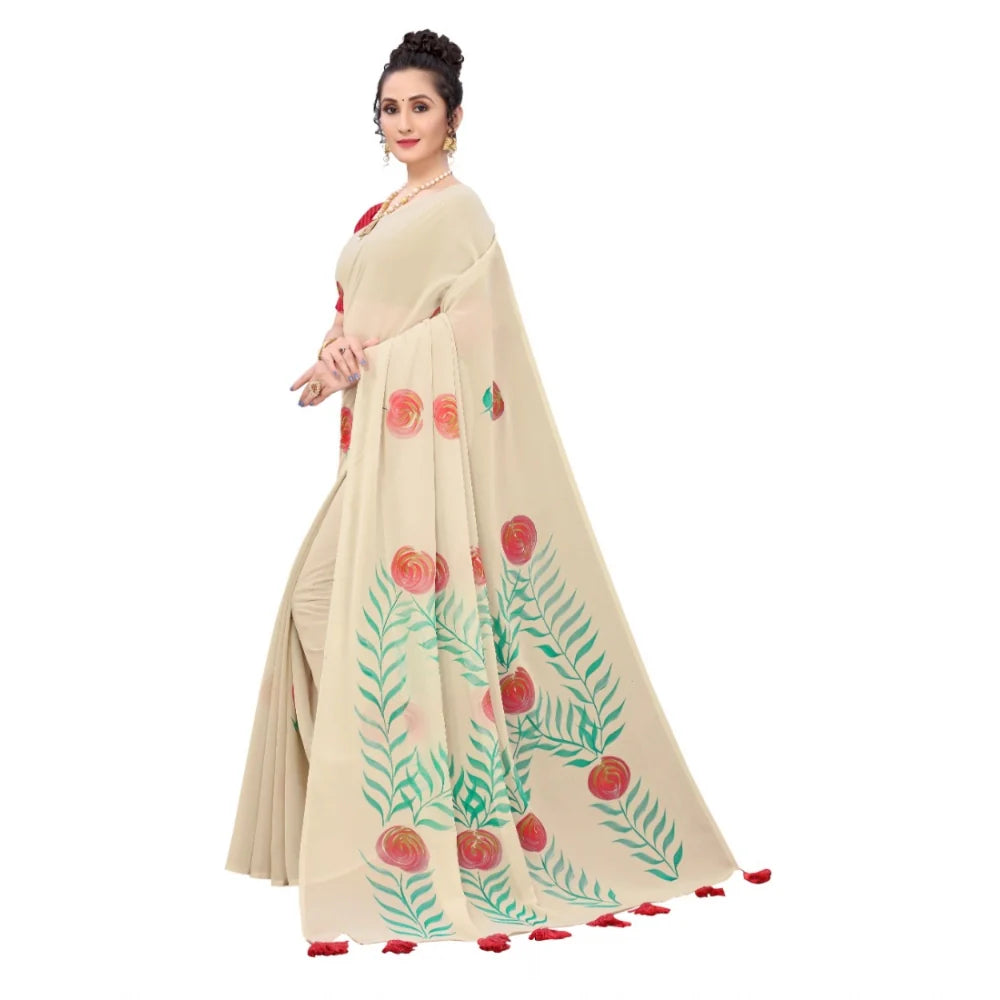 Women's Georgette Floral Hand Printed Sarees (Beige, 5-6 Mtrs)