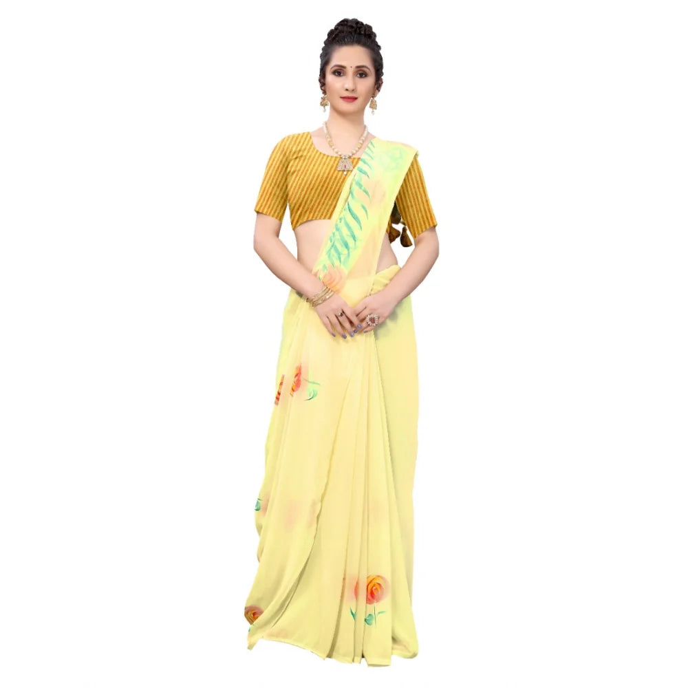 Women's Georgette Floral Hand Printed Sarees (Yellow, 5-6 Mtrs)