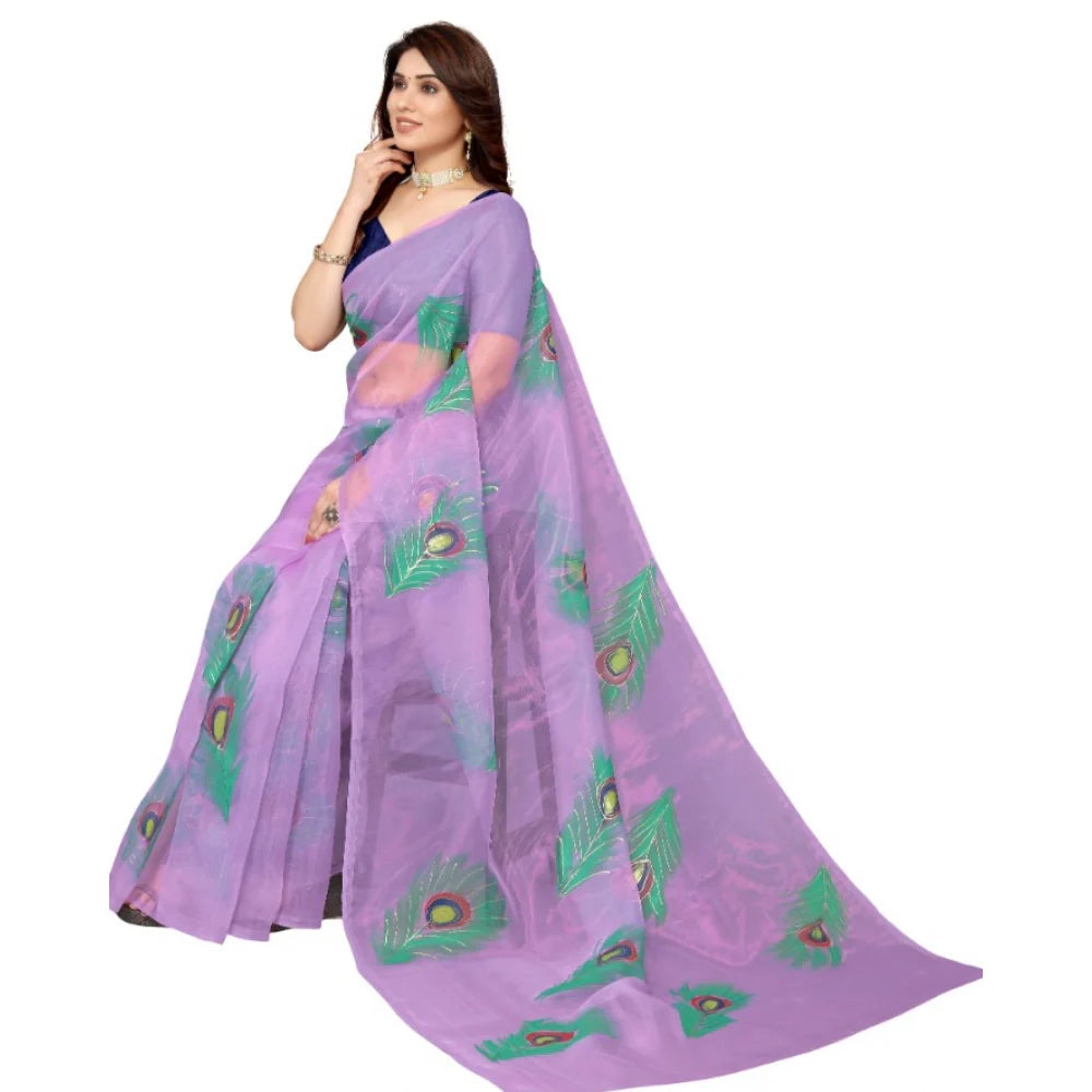 Women's Organza Floral Pattern Sarees (Lavendor, 5-6 Mtrs)