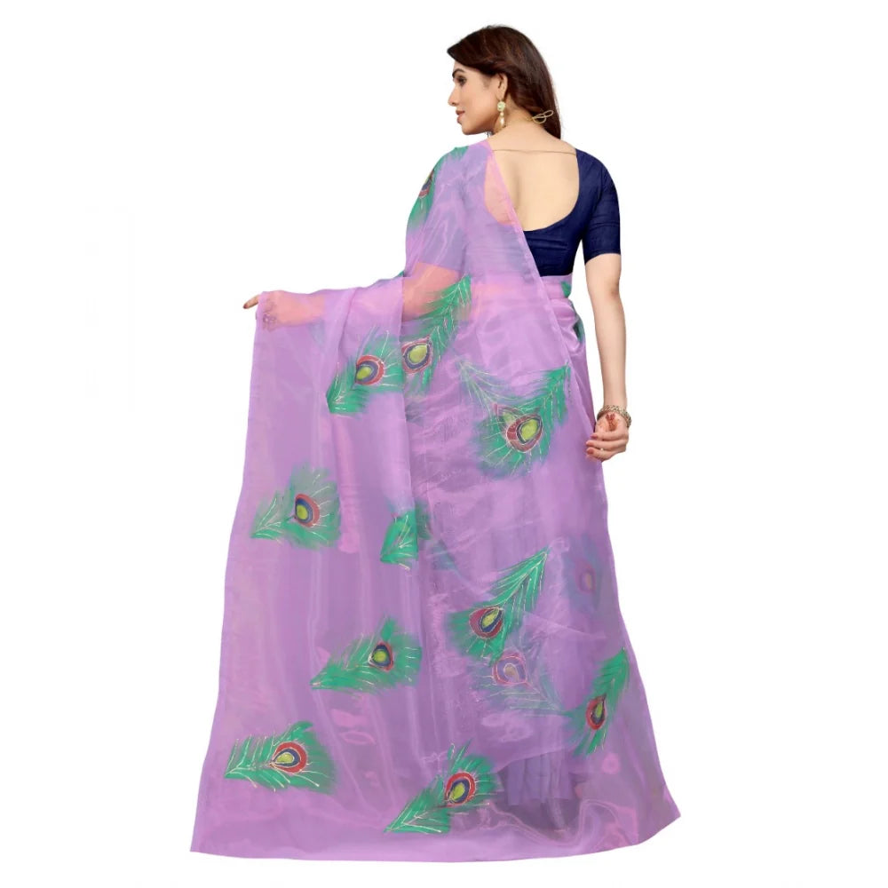 Women's Organza Floral Pattern Sarees (Lavendor, 5-6 Mtrs)