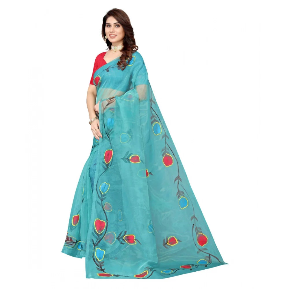 Women's Organza Floral Pattern Sarees (Rama, 5-6 Mtrs)
