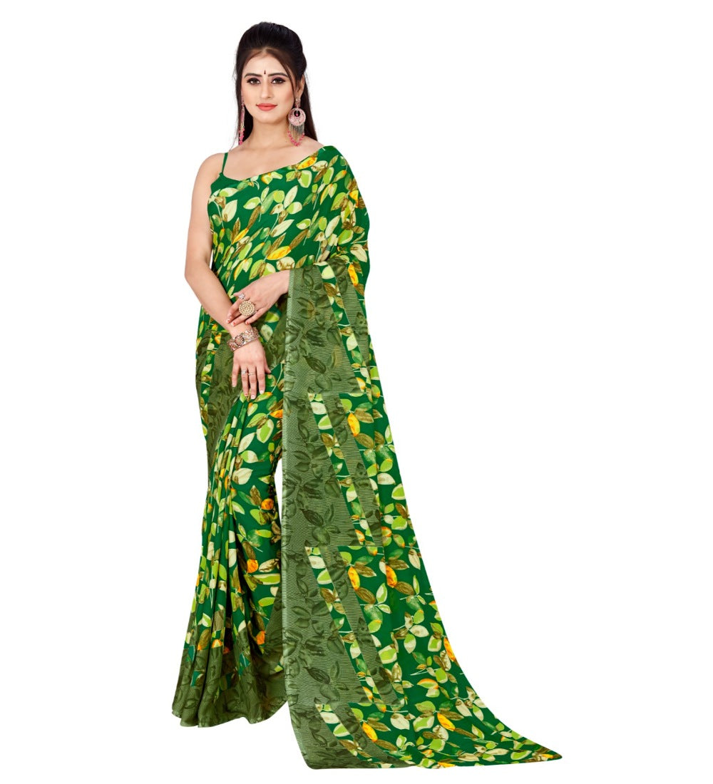 Womens Poly Georgette Printed Saree Without Blouse Green