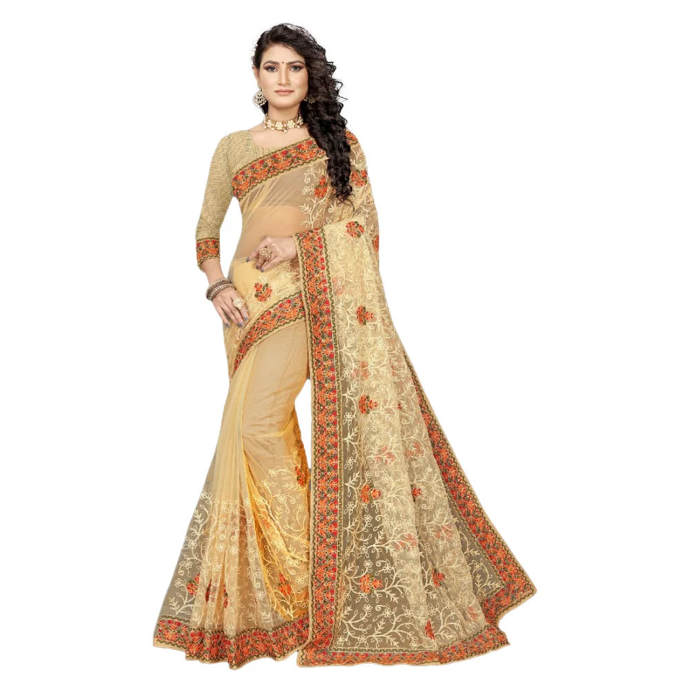 Women's Net Saree With Blouse (Chiku, 5-6Mtrs)