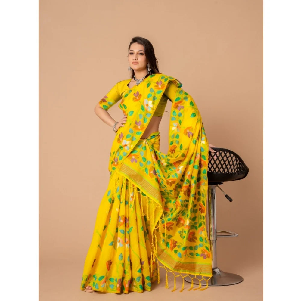 Gillkart Women's Cotton Printed Saree With Unstitched Blouse (Yellow, 5-6 Mtrs)
