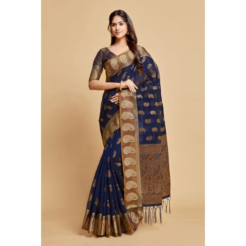 Gillkart Women's Chanderi Cotton Printed Saree With Unstitched Blouse (Navy Blue, 5-6 Mtrs)