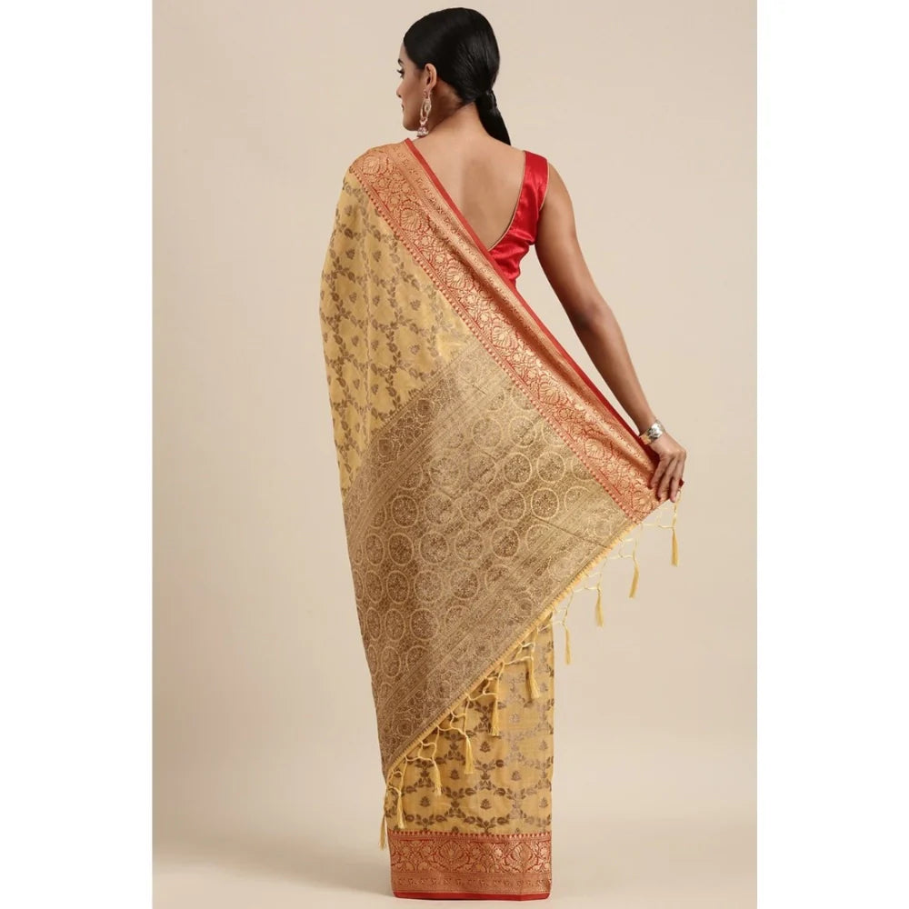 Gillkart Women's Chanderi Cotton Printed Saree With Unstitched Blouse (Yellow, 5-6 Mtrs)