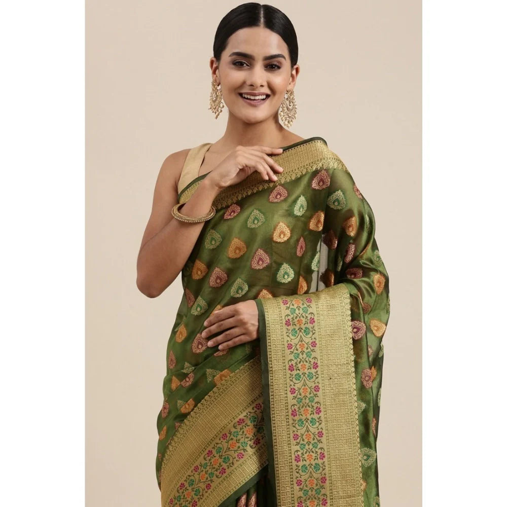 Gillkart Women's Organza Printed Saree With Unstitched Blouse (Mahendi, 5-6 Mtrs)