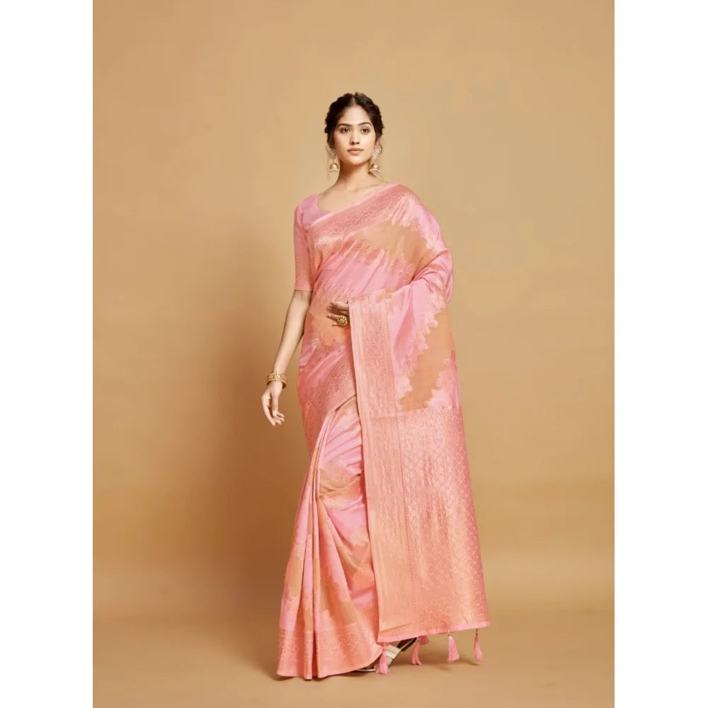 Gillkart Women's Linen Printed Saree With Unstitched Blouse (Pink, 5-6 Mtrs)